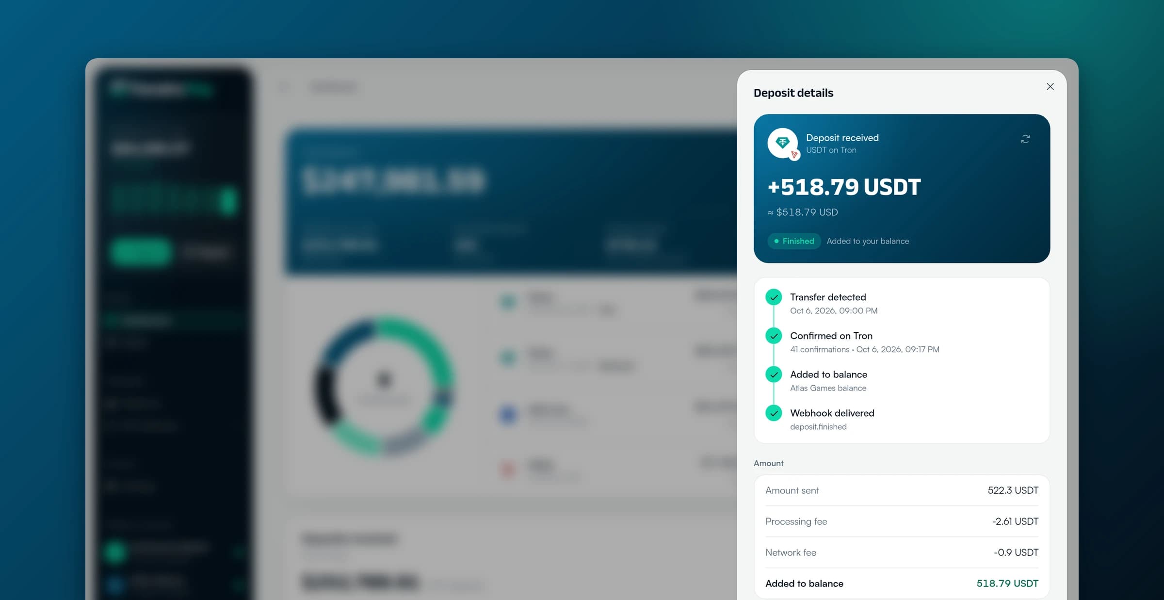 FendricPay deposit details with progress timeline and fee breakdown