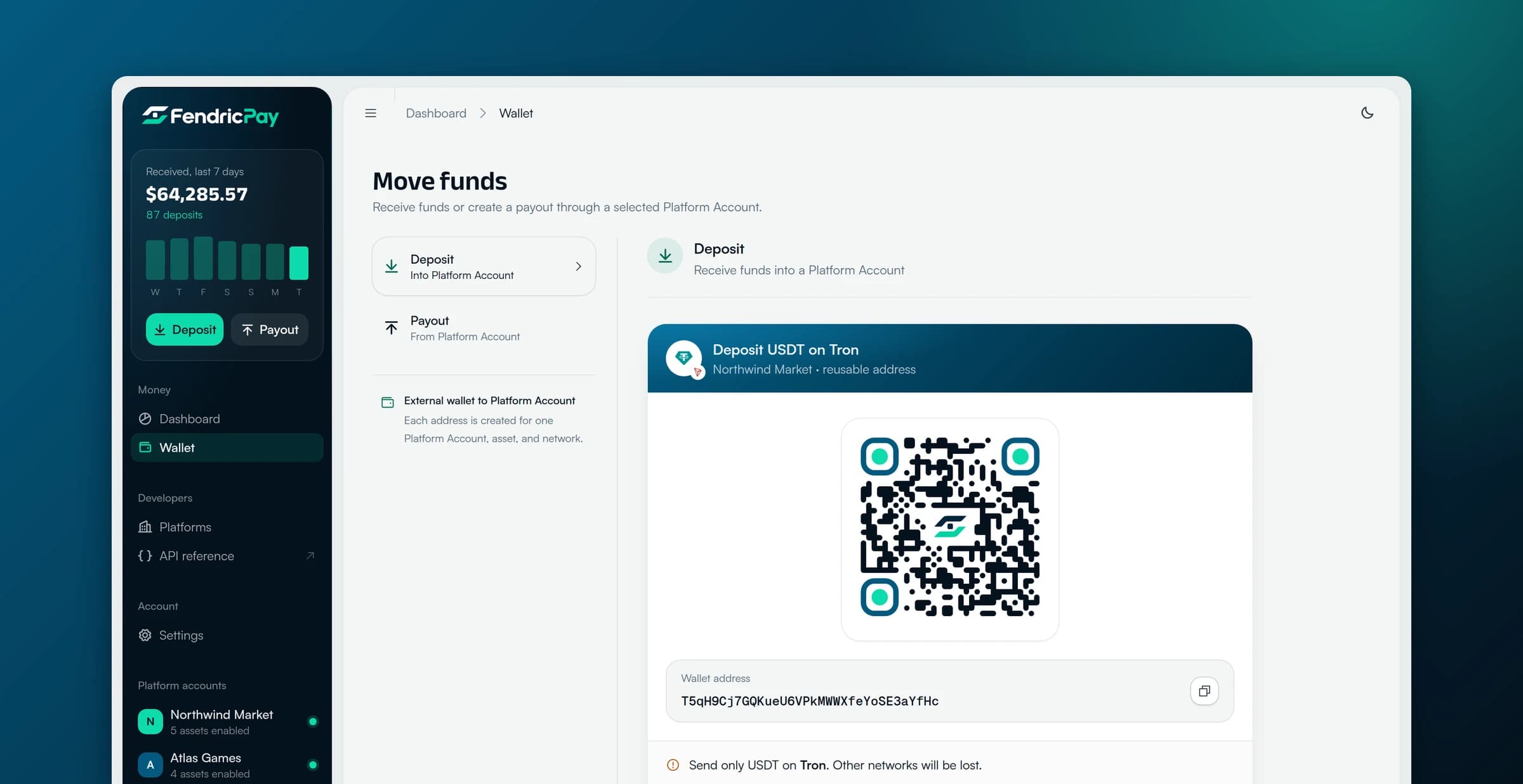 FendricPay branded deposit QR code and wallet address