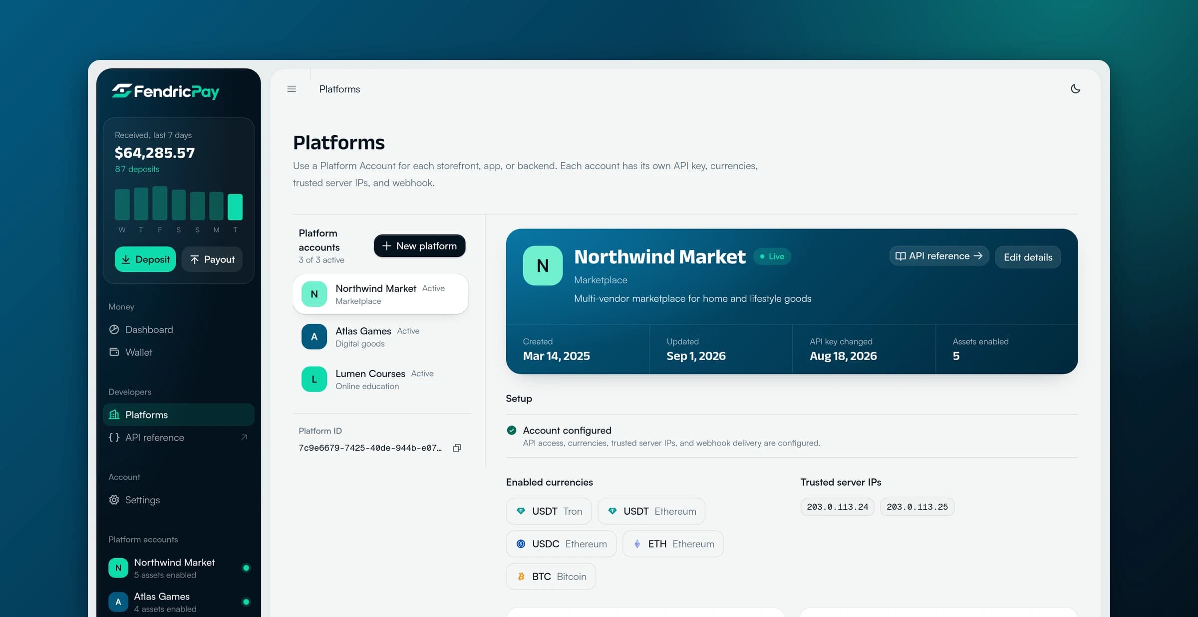 FendricPay platform account overview