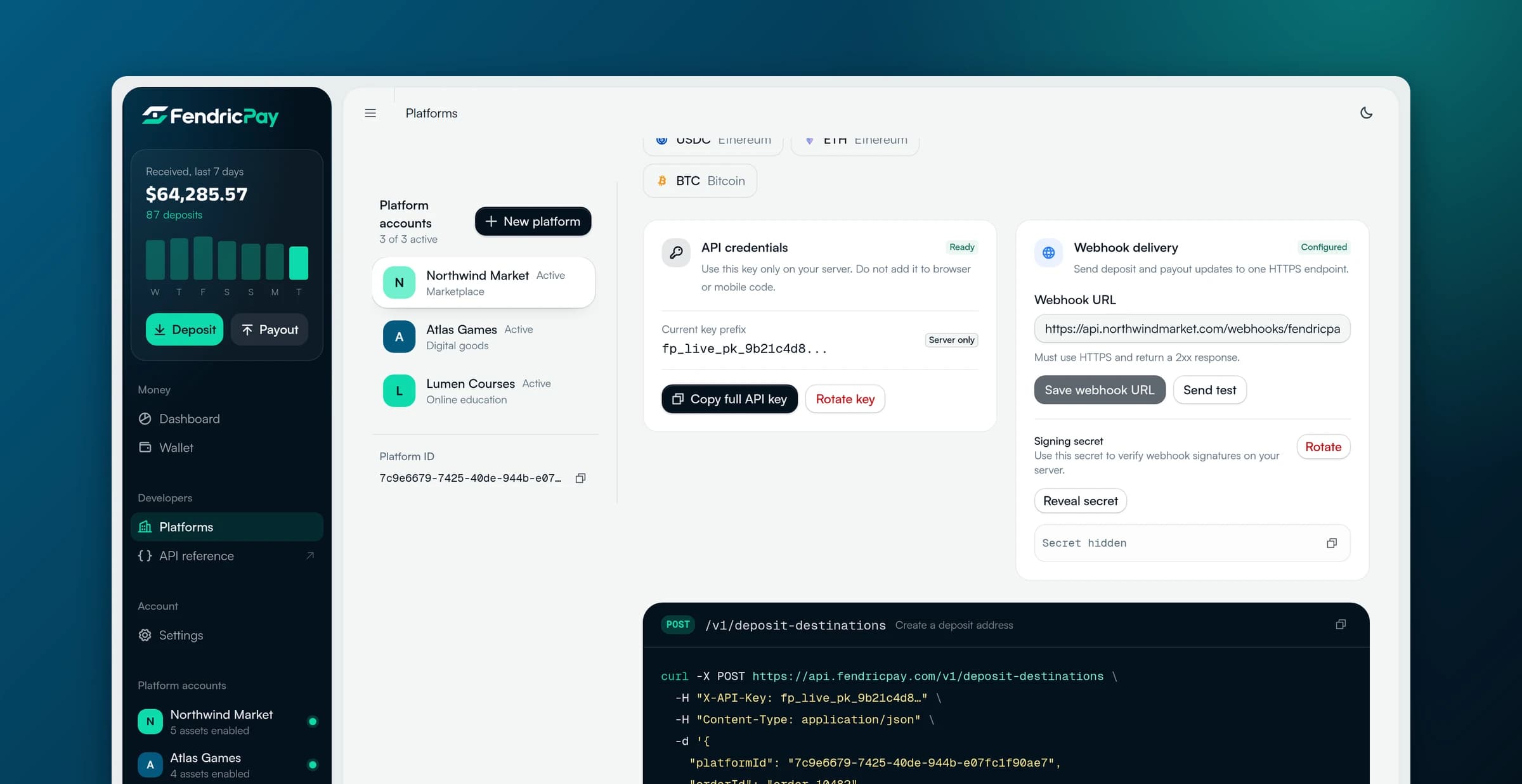 FendricPay API credentials, webhook settings, and request example