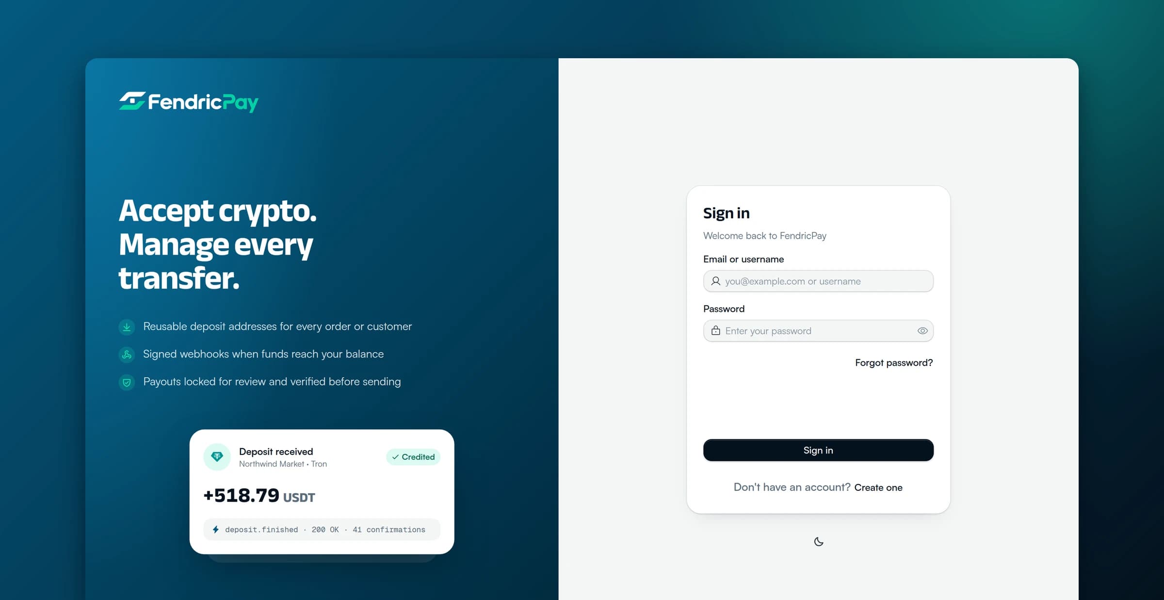FendricPay merchant sign-in page