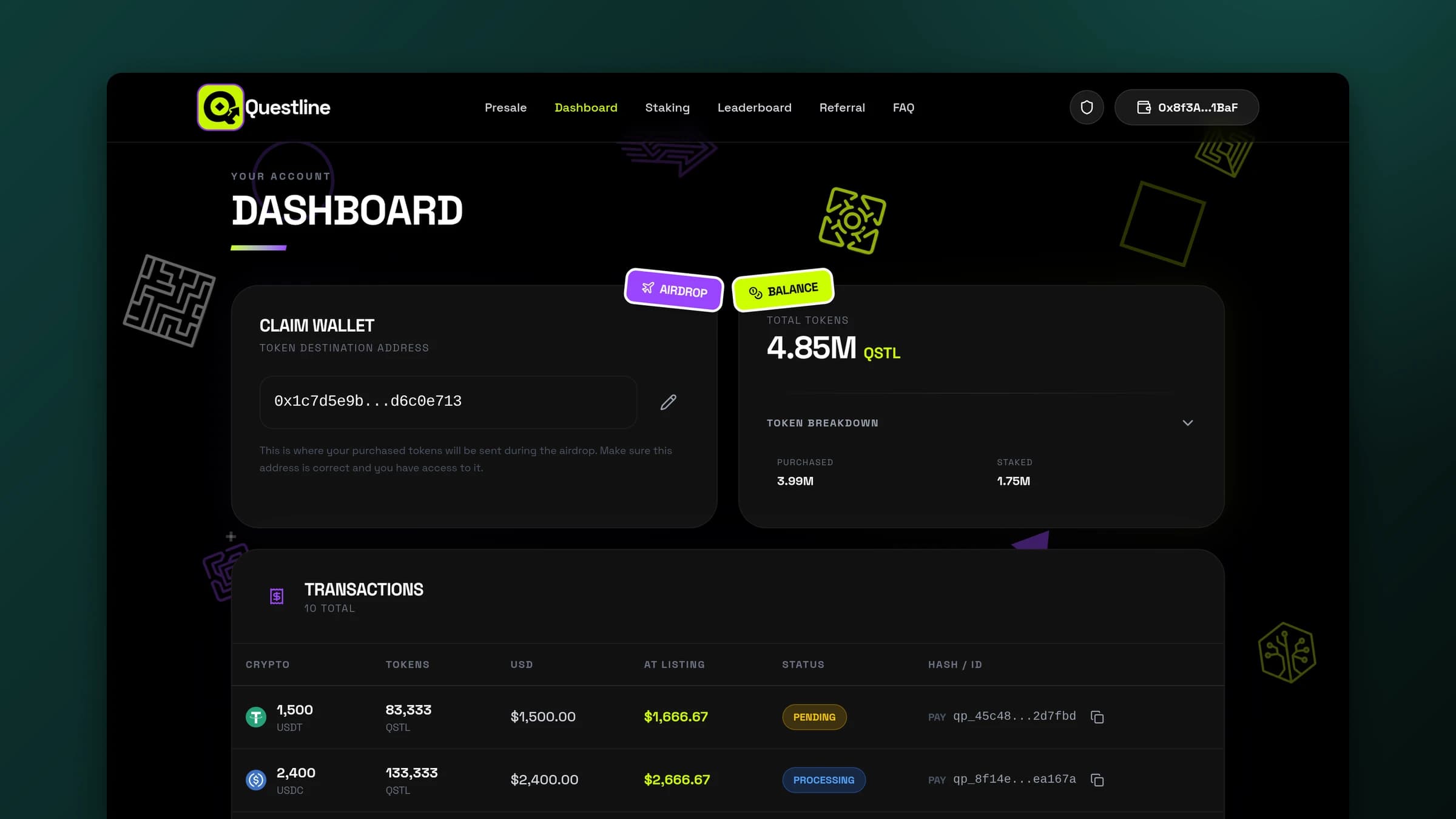 Second managed presale buyer dashboard with claim wallet and purchases