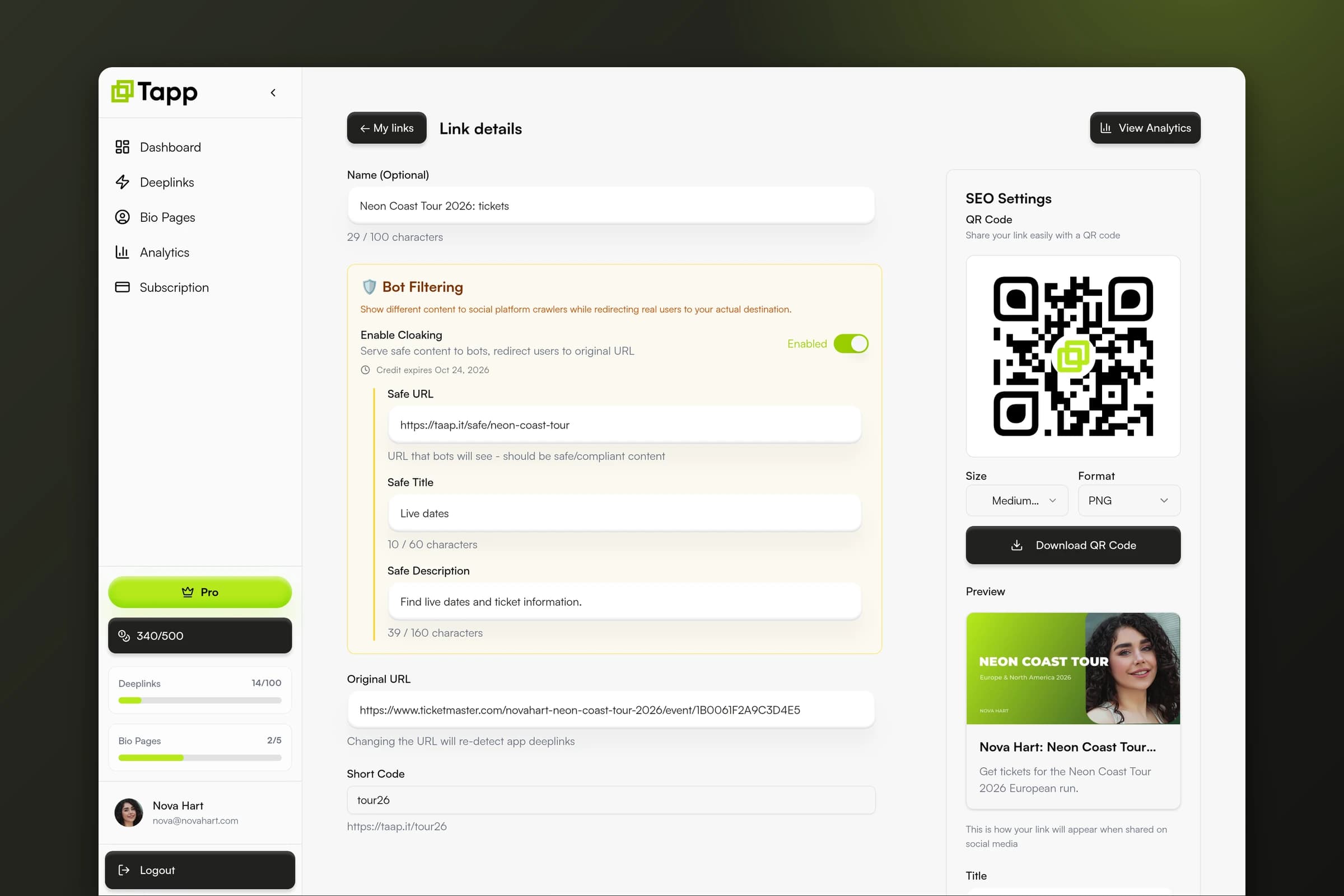 Tapp link settings with bot filtering, a branded QR code, and a social preview card