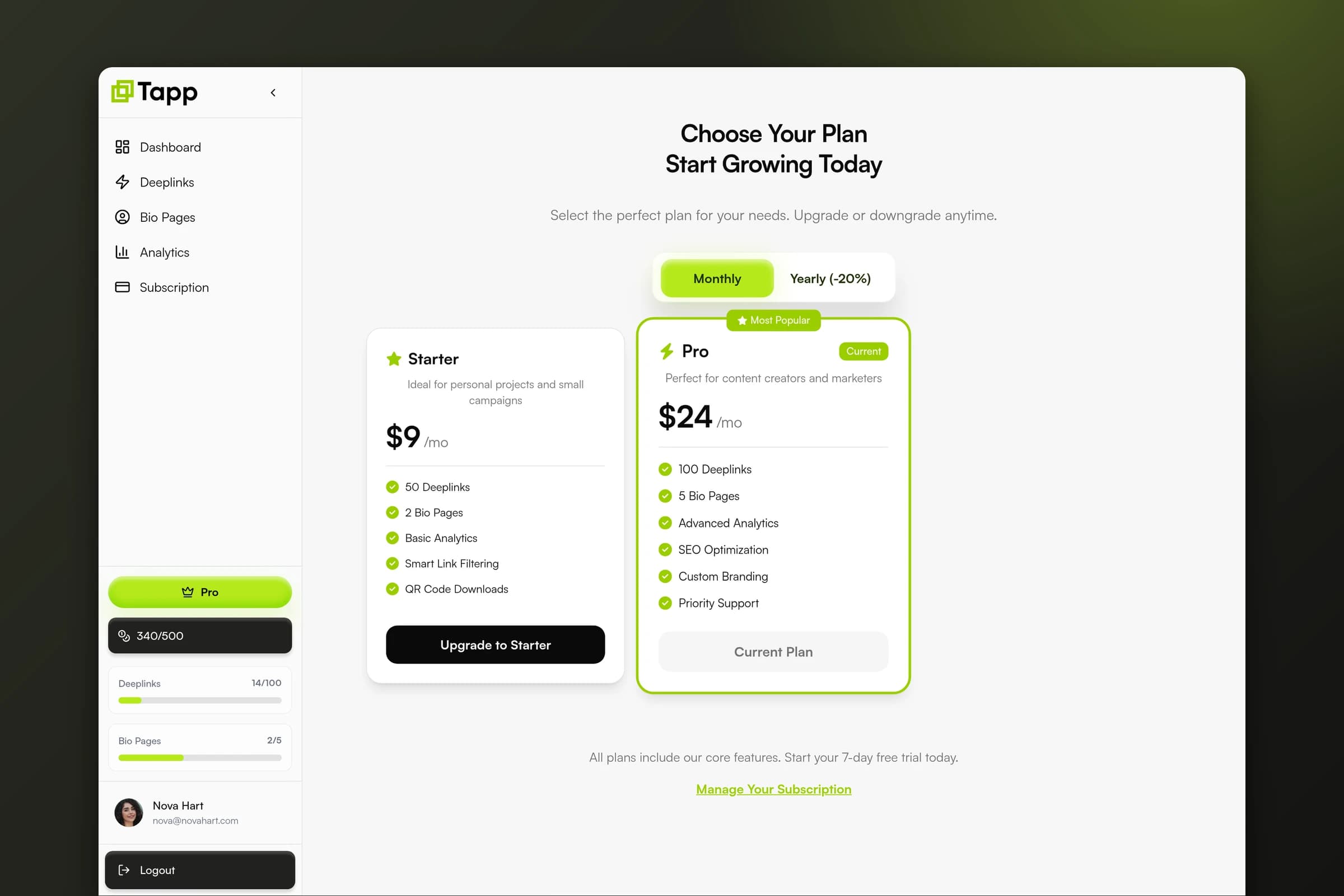 Tapp subscription plans with monthly and yearly billing